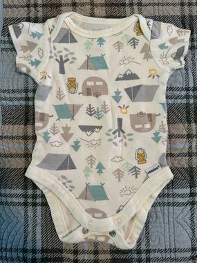Gerber Neutral Camping Print Bodysuit with Teal and Gray Accents